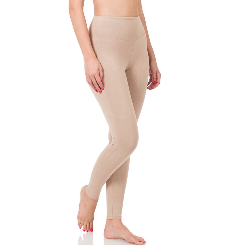 Women's Zenana Wide Waistband High Rise Full Length Leggings Beige